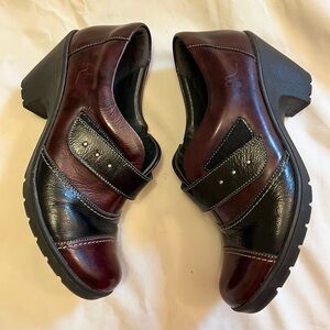 Milano black and reddish brown heeled leather ankle booties with Velcro closure